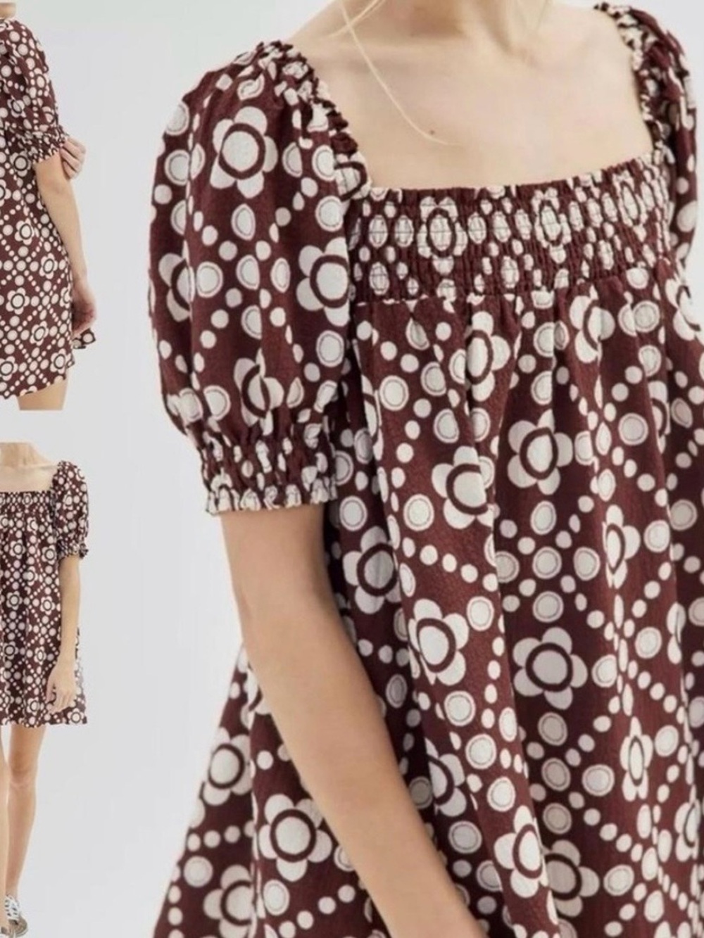 Urban Outfitters Brown and Cream Smocked Floral Dress